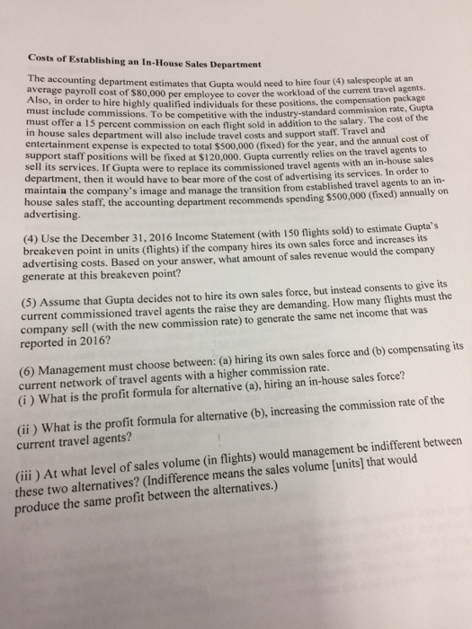 Solved: Costs Of Establishing An In-House Sales Department... | 0