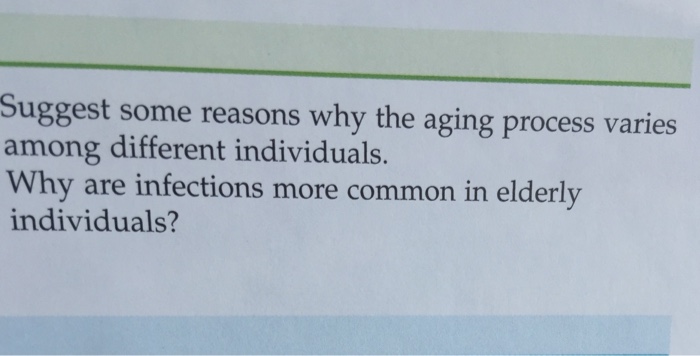 Question: Suggest some reasons why the aging process varies among different individuals. Why are infections...
