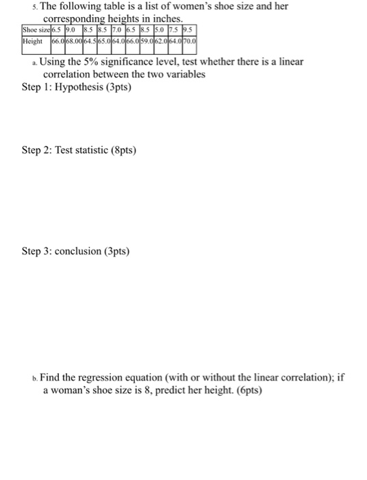 Solved The Following Table Is A List Of Women�s Shoe Size