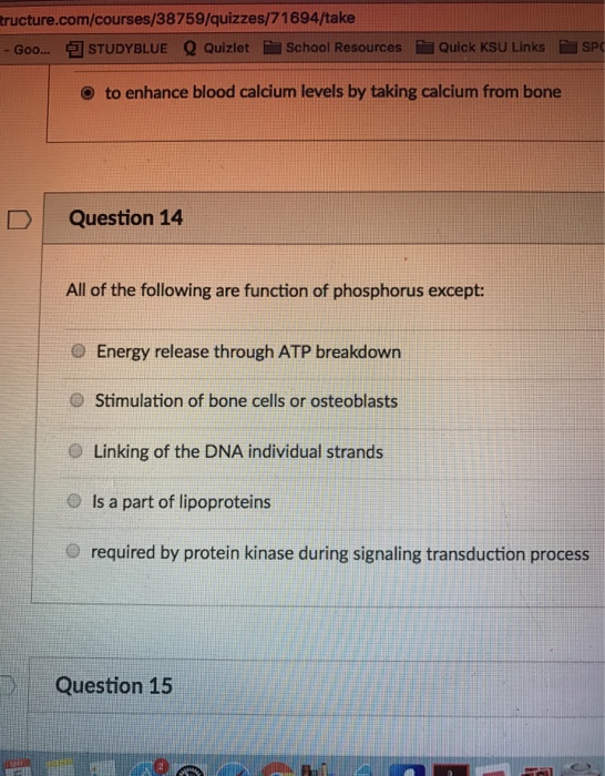 Question: All of the following are function of phosphorus except:  Energy release through ATP breakdown  St...