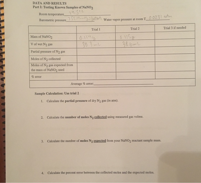 Question: DATA AND RESULTS Part I: Testing Known Samples of NaNO2 Room temperature Barometric pressure ( at...