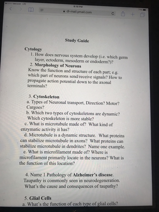 Question: 8:10 PM 슐 dl.mailymail.com Study Guide Cytology 1. How does nervous system develop (i.e. which ...