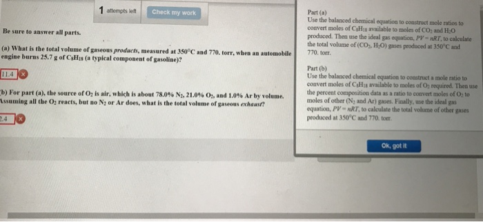 Question: 1 atempts left Check my work Part (a) Use the balanced chemical equation to construct mole ratios...