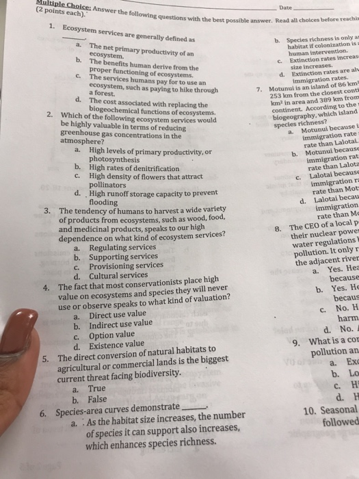 Question: (2 points each). Date ons with the best possible answer. Read all cholces before reachis 1. Ecosy...