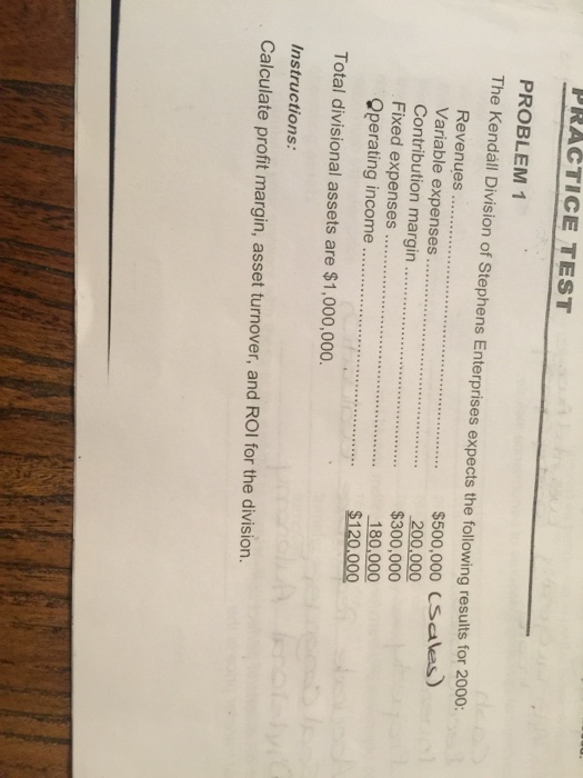 PRACTICE TEST PROBLEM1 The Kenda Il Division of Stephens Enterprises expects the following results for 2000: Variable expenses . Contribution margin. Fixed expenses. Operating income $500,000 cSalkes $300,000 $120,000 Total divisional assets are $1,000,000 Instructions: Calculate profit margin, asset turnover, and ROI for the division. 