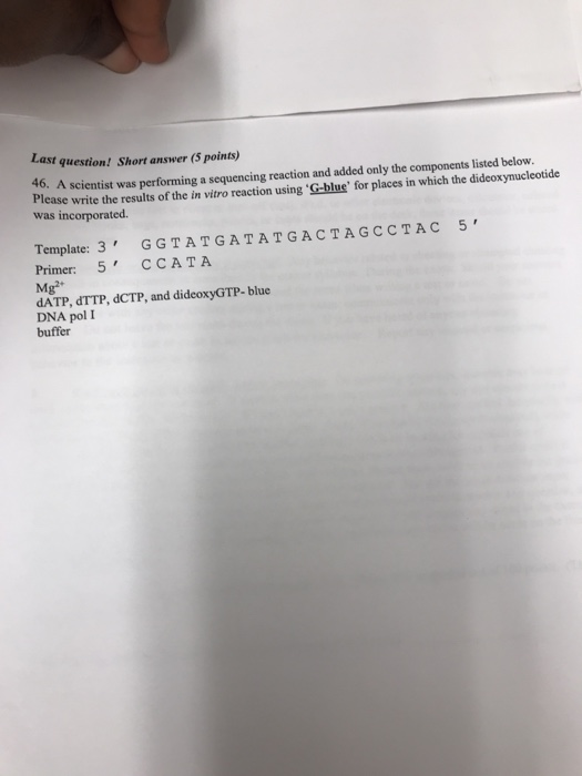 Question: Last question! Short answer (S points) 46. A scientist was performing a sequencing reaction and a...