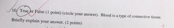 Question: O Trueor Palse (I point) (circle your answer). Blood is a type of connective tissue. Briefly expl...
