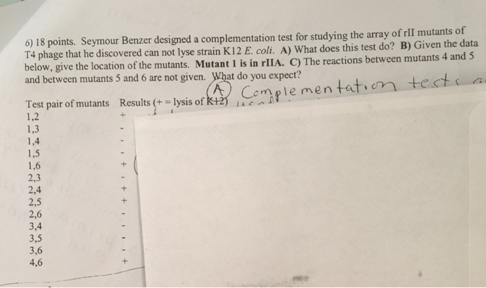 Question: ) 18 points. Seymour Benzer designed a complementation test for studying the array of rll mutants...