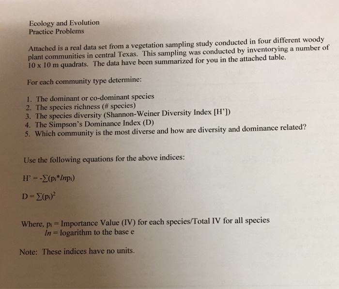 Question: Ecology and Evolution Practice Problems Attached is a real data set from a vegetation sampling st...