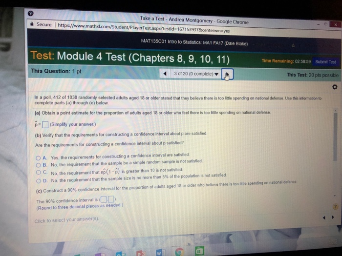 Question: Take a Test - Andrea Montgomery-Google Chrome ìŠ¬ Secure I https://www.mathxl.com/Student/PlayerTe...