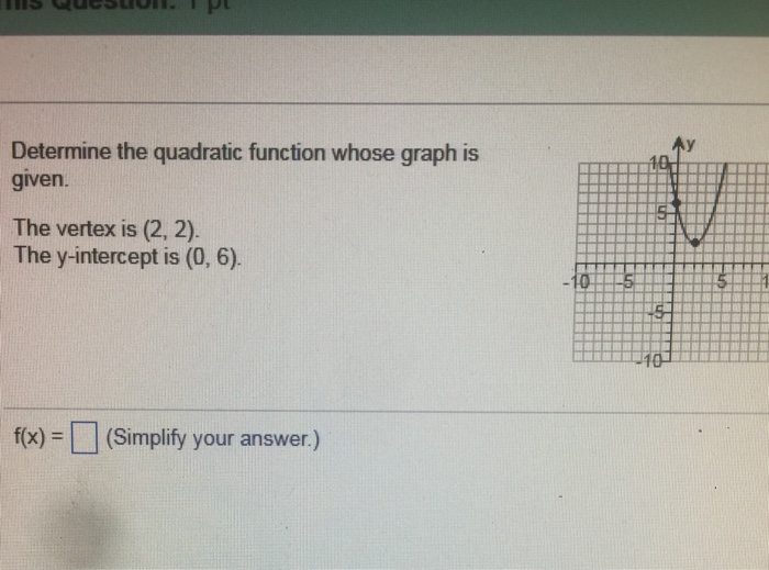 Question: Determine the quadratic function whose graph is given The vertex is (2, 2) The y-intercept is (0,...