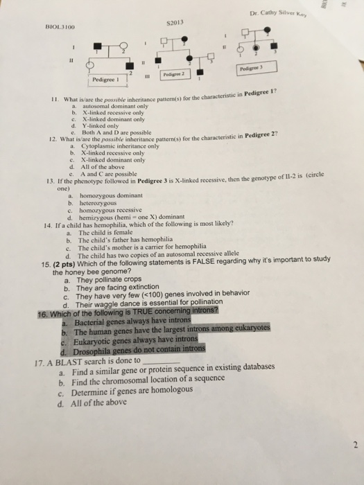 Question: Dr.Cathy Silver S2013 BIOL3100 Pedigree autosomal dominamternís) for the characteristic in Pedig...