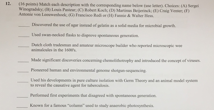 Question: 12. (16 points) Match each description with the corresponding name below (use letter). Choices: (...