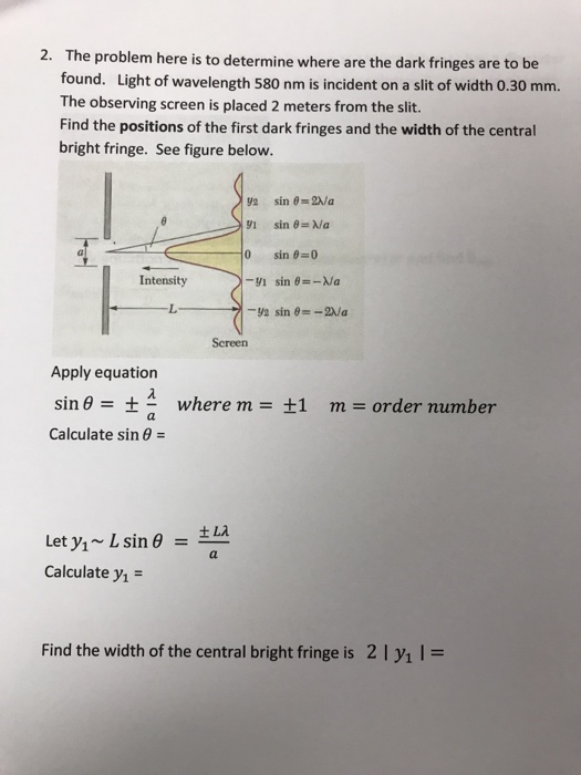 Question: 2. The problem here is to determine where are the dark fringes are to be found. Light of waveleng...