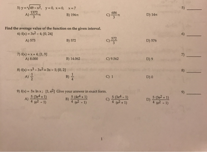 Question: 1372 B) 1967 686 D) 147 Find the average value of the function on the given interval. 6) f(x) 3x2...
