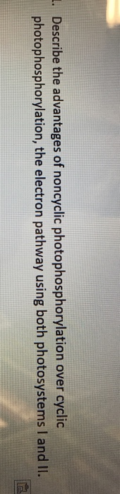 Question: Describe the advantages of noncyclic photophosphorylation over cyclic photophosphorylation, the e...