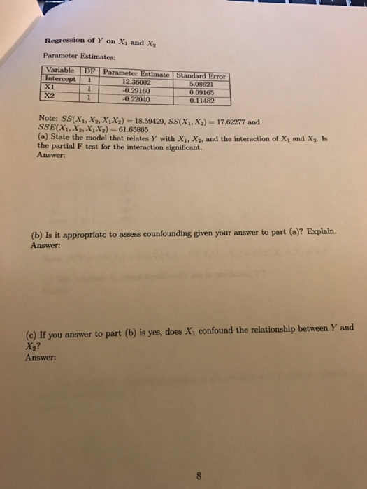 Solved Regression Of Y On 1 And X2 Parameter Estimates V...