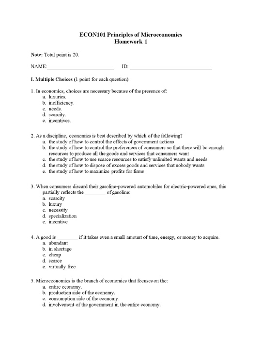 Microeconomics assignment 1 answers image