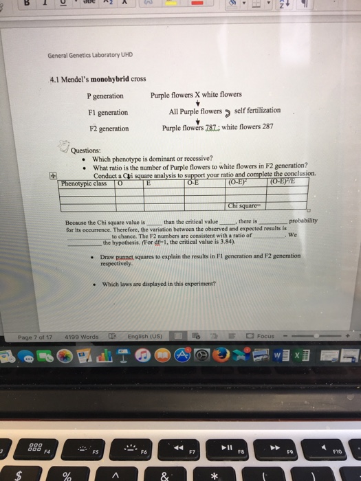 Question: General Genetics Laboratory UHD 4.1 Mendel's monohybrid cross Purple flowers X white flowers P ge...