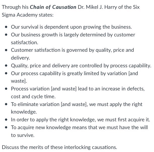 Question: Through his Chain of Causation Dr. Mikel J. Harry of the Six Sigma Academy states:  Our survival ...
