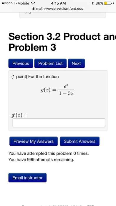 Question: 4:15 AM math-wwserver.hartford.edu .0000 T-Mobile イ36%) + Section 3.2 Product an Problem 3 Previ...