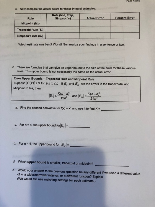 Question: Page 4 of's 5. Now compare the actual errors for these integral estimates. Rule (Mid, Trap, Simps...