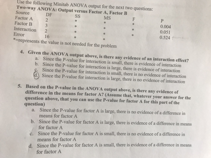 Question: Use the following Minitab ANOVA output for the next two questions: Two-way ANOVA: Output versus F...