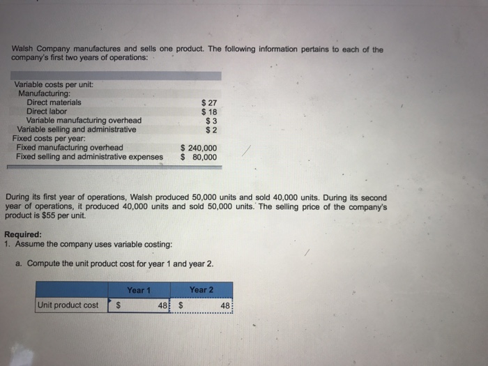 Solved Walsh Company Manufactures And Sells One Product.