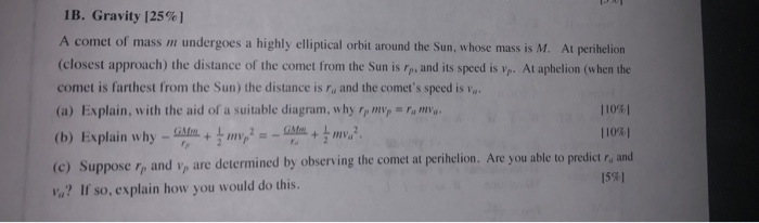 Question: 1B. Gravity 125%) A comet of mass m undergoes a highly elliptical orbit around the Sun, whose mas...