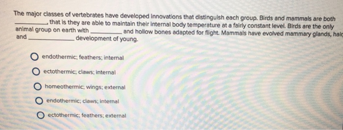 Question: The major classes of vertebrates have developed Innovations that distinguish each group. Birds an...