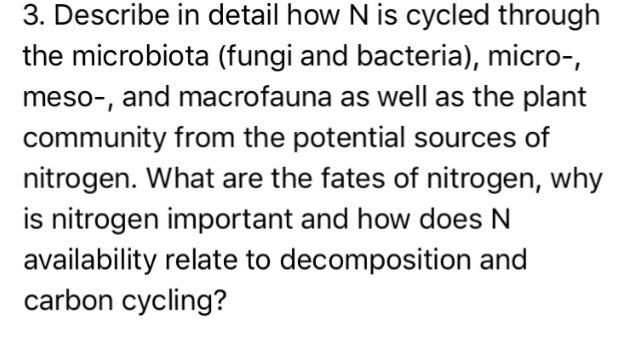 Question: Describe in detail how N is cycled through the microbiota (fungi and bacteria), micro-, meso-, an...