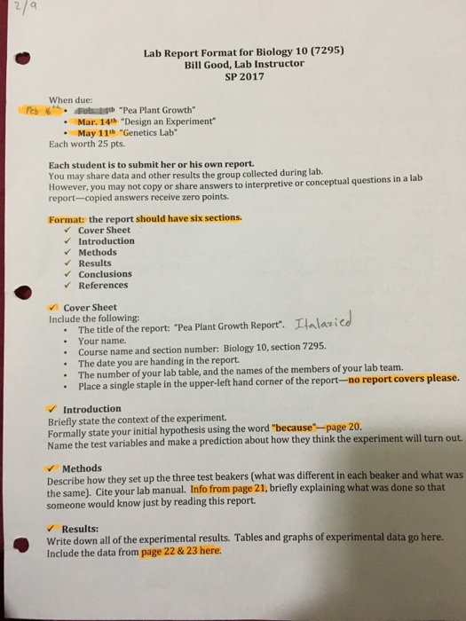 Solved: Lab Report Format For Biology 10 (7295) Bill Good ...