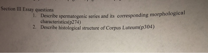 Question: Section III Essay questions Describe spermatogenic series and its corresponding morphological cha...