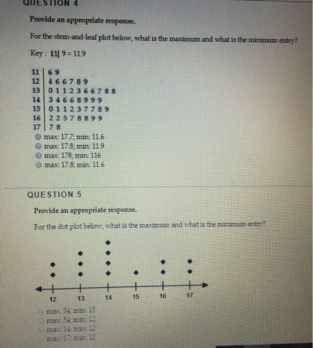Question: QUESTION 4 Provide an appropriate response. For the stem-and-leaf plot below, what is the maximum...
