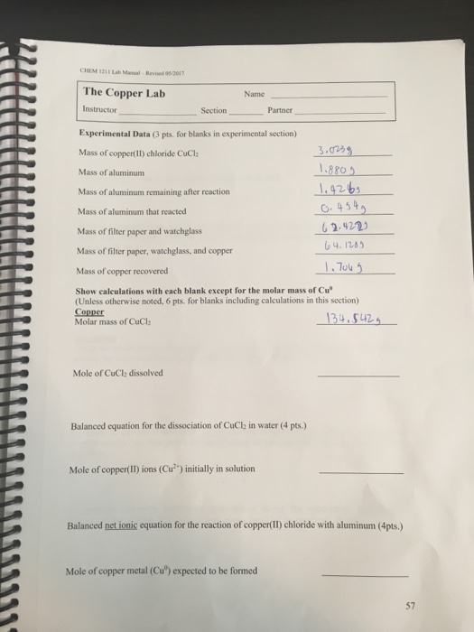 Question: CIEM 1211 Lab Manual-Revised 95/2017 The Copper Lab Name Instructor Section Partner Experimental ...
