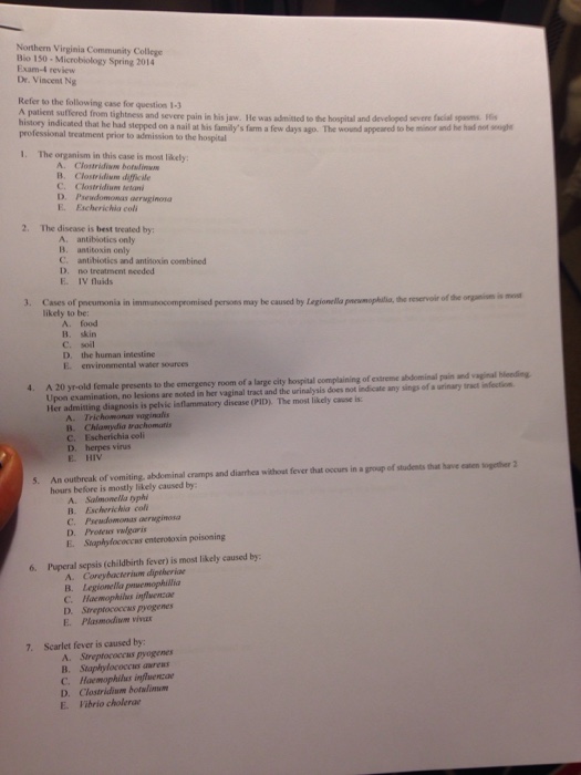 Question: Northern Virginia Community College Bio 150 Microbiology Spring 2014 Exam 4 Dr. Vincent Ng Refer ...