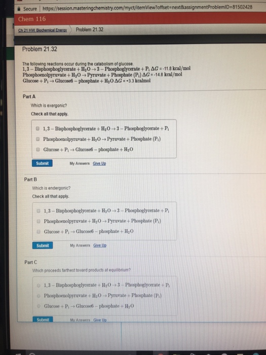 Question: N Secure https://session maste next&assignmentProblemID 81502428 l Chem 116 Ch21HW BochemicalEnne...