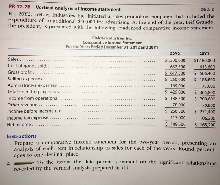 PR 17-2B Vertical analysis of income statement For 20Y expenditure of an additional $40,000 for advertising. At the end of the year, Leif Grando, the president, is presented with the following condensed comparative income statement: OBJ. 2 2, Fielder Industries Inc. initiated a sales promotion campaign that included the Fielder Industries Inc. Comparative Income Statement For the Years Ended December 31, 20Y2 and 20Y1 20Y2 20Y1 Sales Cost of goods sold.. Gross profit . .. . 682,500 613,600 617.500 566,400 . 260,000 188,800 177,000 5 429,000 365,800 169,000 Total operating expenses... 78,000 70,800 Income before income tax . . . . . .. . . . .. . . . . . . . . . . . . . . . . . . . . . . . .. 117,000 106,200 Net income $ 149500 165,200 1. Prepare a comparative income statement for the two-year period, presenting an To the extent the data permit, comment on the significant relationships Instructions analysis of each item in relationship to sales for each of the years. Round percent- ages to one decimal place. revealed by the vertical analysis prepared in (1) 