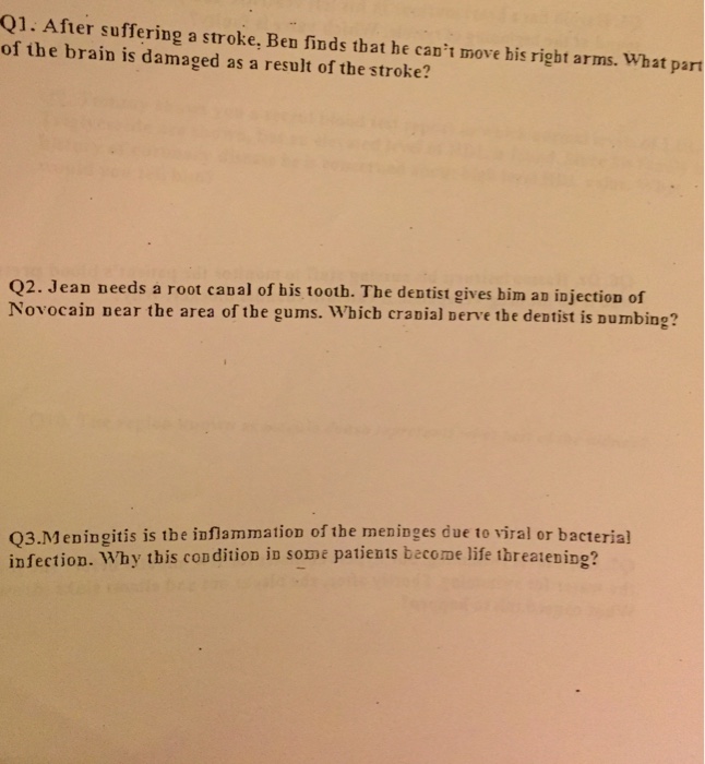 Question: After suffering a stroke, Ben finds that he can't move his right arms. What part  of the brain is...