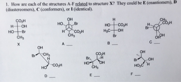 Question: 1. How are each of the structures A-F related to structure X? They could be E (enantiomers), D (d...