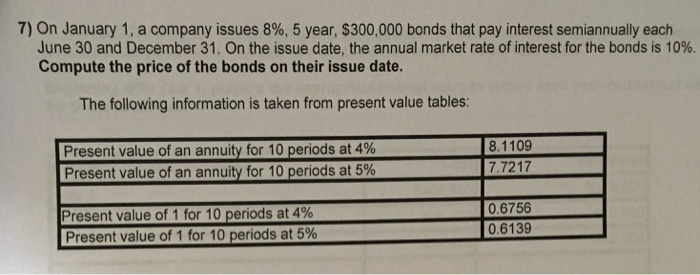 Question: 7) On January 1, a company issues 896, 5 year, $300,000 bonds that pay interest semiannually each...
