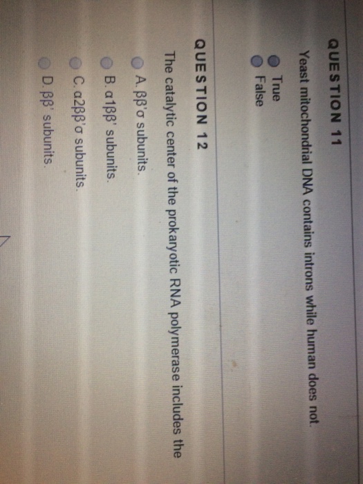 Question: Yeast mitochondrial DNA contains introns while human does not.  True  False  The catalytic center...