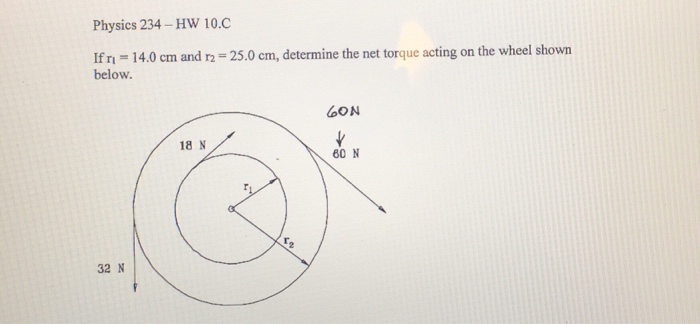 Question: Physics 234 -HW 10.C lfr.-14.0 cm and r2 = 25.0 cm, determine the net torque acting on the wheel ...