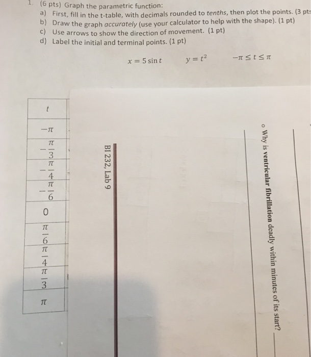 Question: 1. (6 pts) Graph the parametric function: a) First, fill in the t-table, with decimals rounded to...