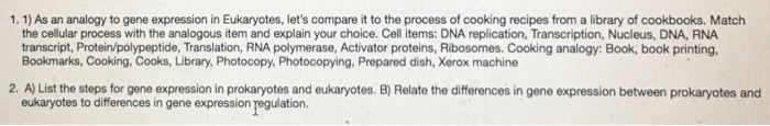 Question: 1. 1) As an analogy to gene expression in Eukaryotes, let's compare it to the process of cooking ...