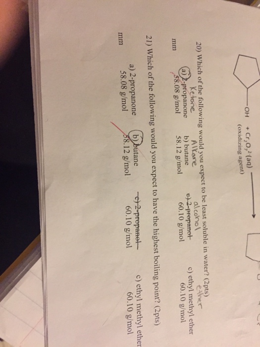 Question: + Cr,0,2 (aq) (oxidizing agent) -OH 20) Which of the follwing wouldyou expect to be leant oluble ...