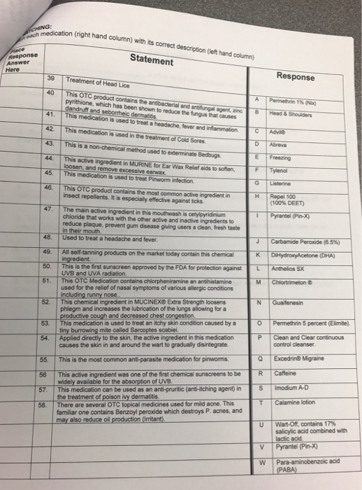 Question: Armedication right hand column) with its correct Statement description (eft hand column) Response...