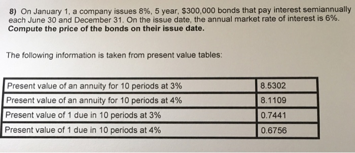 Question: 8) On January 1, a company issues 8%, 5 year, $300,000 bonds that pay interest semiannually each ...