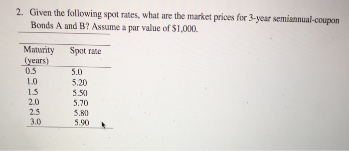 Question: 2. Given the following spot rates, what are the market prices semiannual coupon for 3-year Bonds ...
