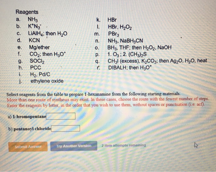 Select Reagents From The Table To Prepare 1hexana...